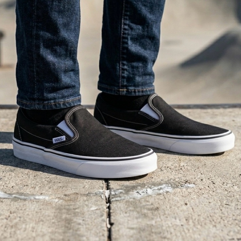 Vans Classic Slip-On Black Canvas Sneakers Men’s 6.5 / Women’s 8 Skate Casual